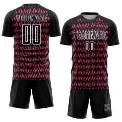 Custom Black Hot Pink-White Abstract Geometric Pattern Sublimation Soccer Uniform Jersey Custom Black Hot Pink-White Abstract Geometric Pattern Sublimation Soccer Uniform Jersey