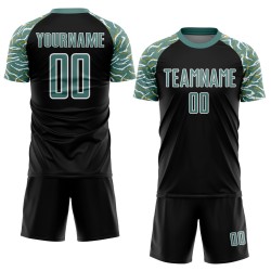 Custom Black Midnight Green-White Curved And Wavy Lines Sublimation Soccer Uniform Jersey Custom Black Midnight Green-White Curved And Wavy Lines Sublimation Soccer Uniform Jersey