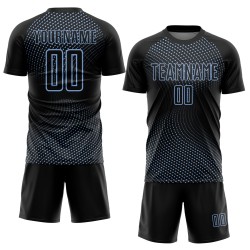 Custom Black Light Blue Geometric Lines Sublimation Soccer Uniform Jersey Custom Black Light Blue Geometric Lines Sublimation Soccer Uniform Jersey