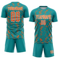 Custom Teal Orange-White Abstract Lines Sublimation Soccer Uniform Jersey Custom Teal Orange-White Abstract Lines Sublimation Soccer Uniform Jersey